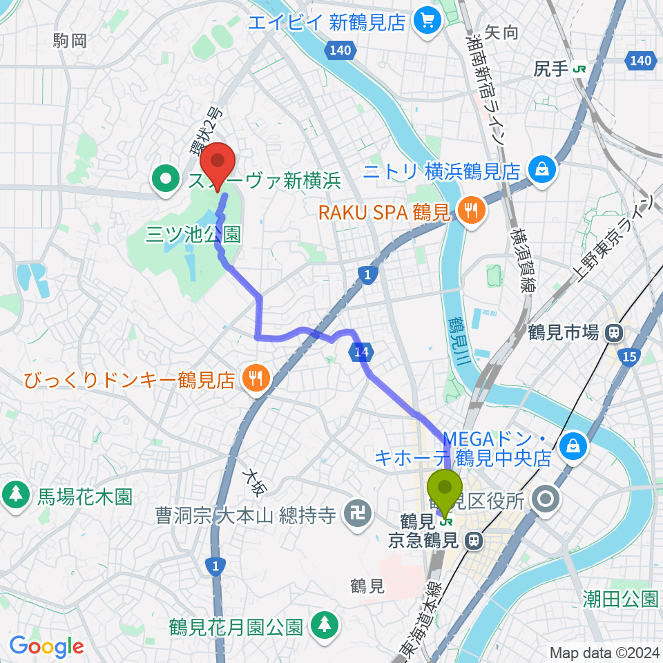 鶴見駅から三ツ池公園軟式野球場へのルートマップ地図