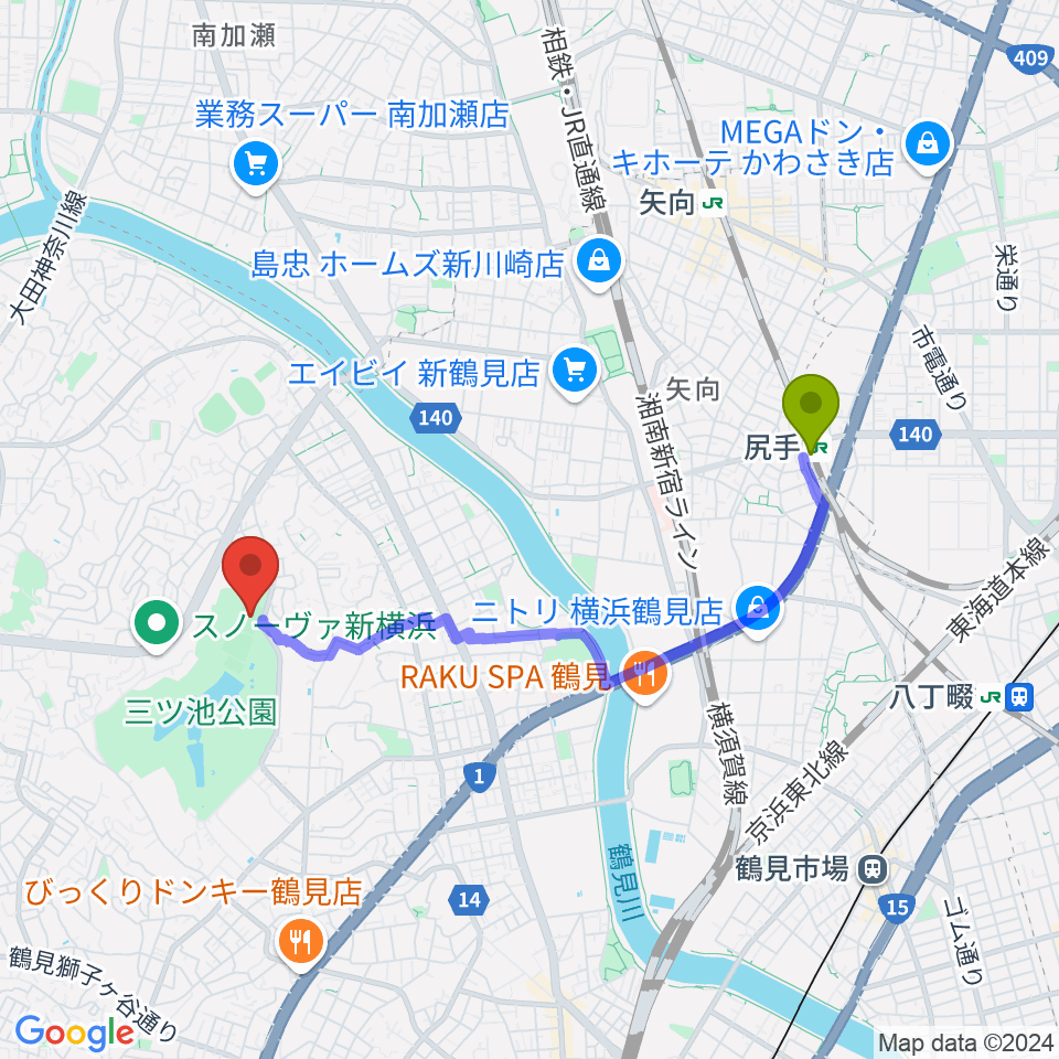 三ツ池公園多目的広場の最寄駅尻手駅からの徒歩ルート（約34分）地図