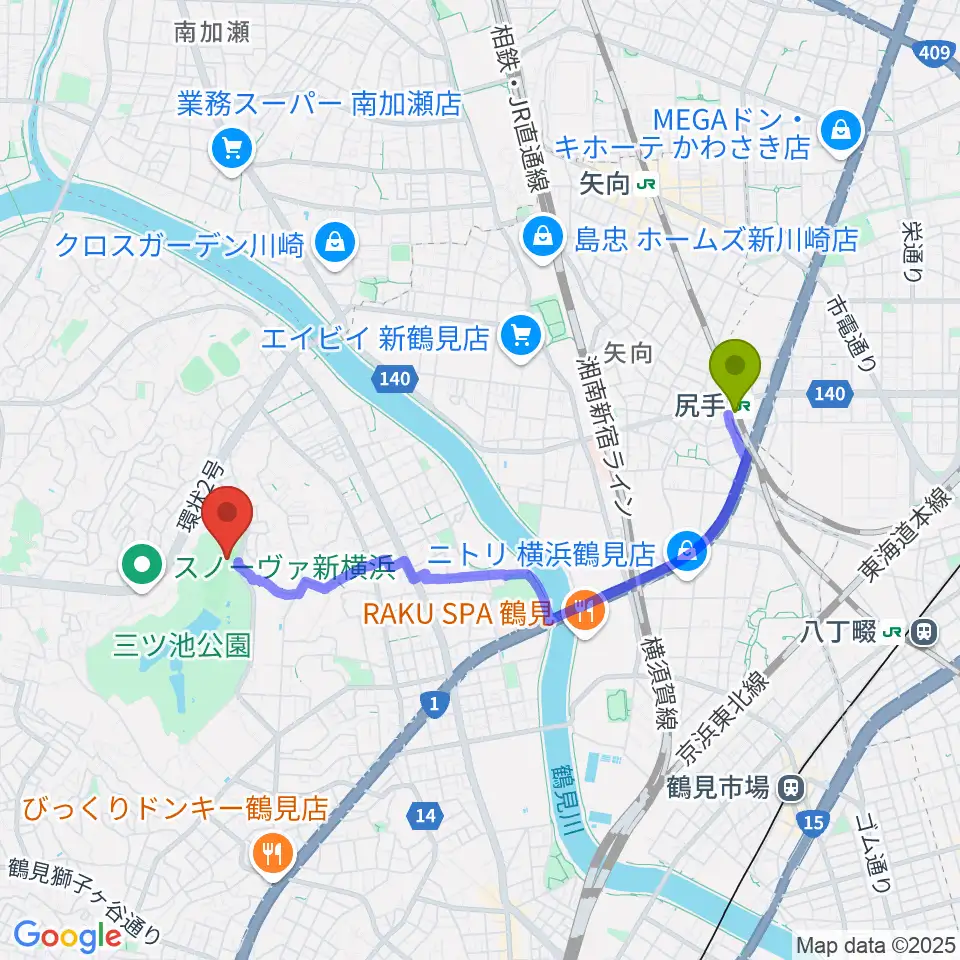 三ツ池公園多目的広場の最寄駅尻手駅からの徒歩ルート（約34分）地図