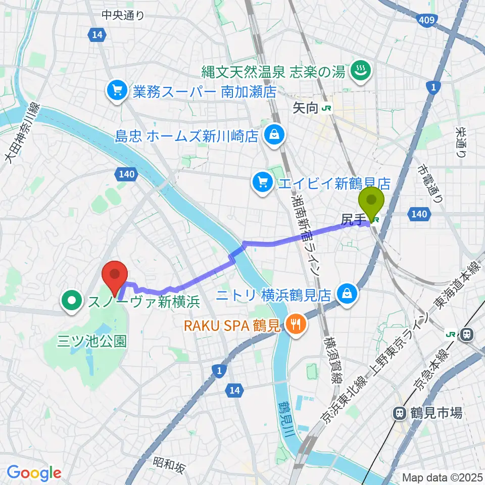 三ツ池公園多目的広場の最寄駅尻手駅からの徒歩ルート（約34分）地図