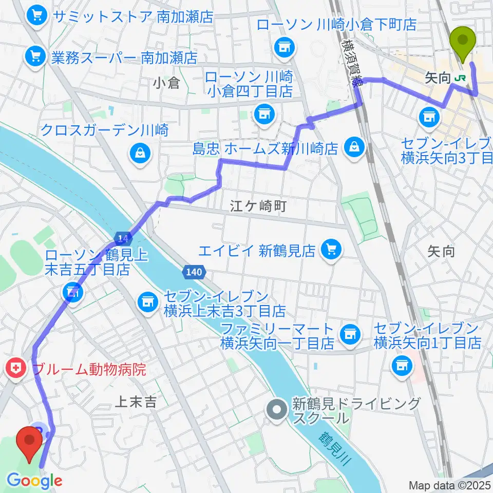 矢向駅から三ツ池公園多目的広場へのルートマップ地図