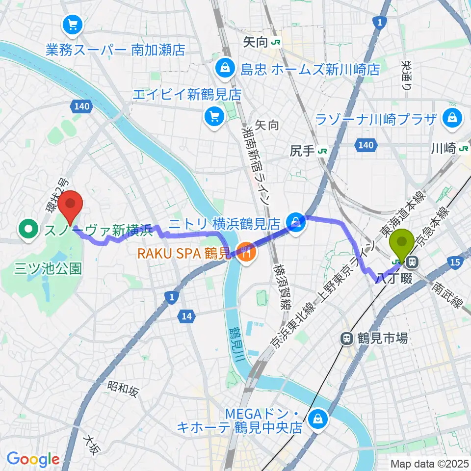 八丁畷駅から三ツ池公園多目的広場へのルートマップ地図