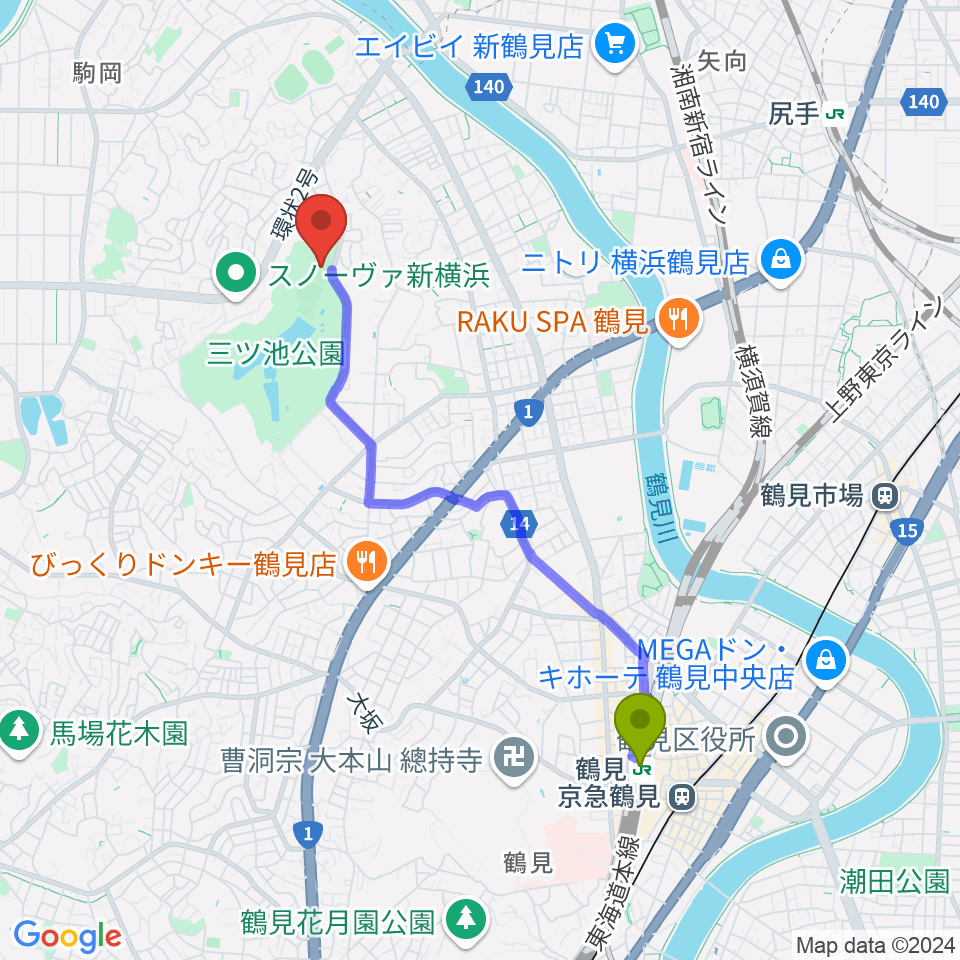 鶴見駅から三ツ池公園多目的広場へのルートマップ地図