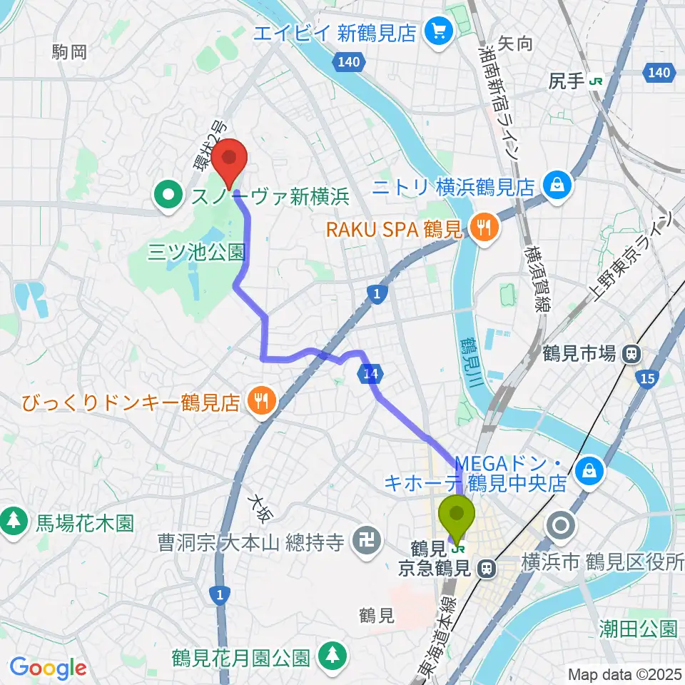 鶴見駅から三ツ池公園多目的広場へのルートマップ地図