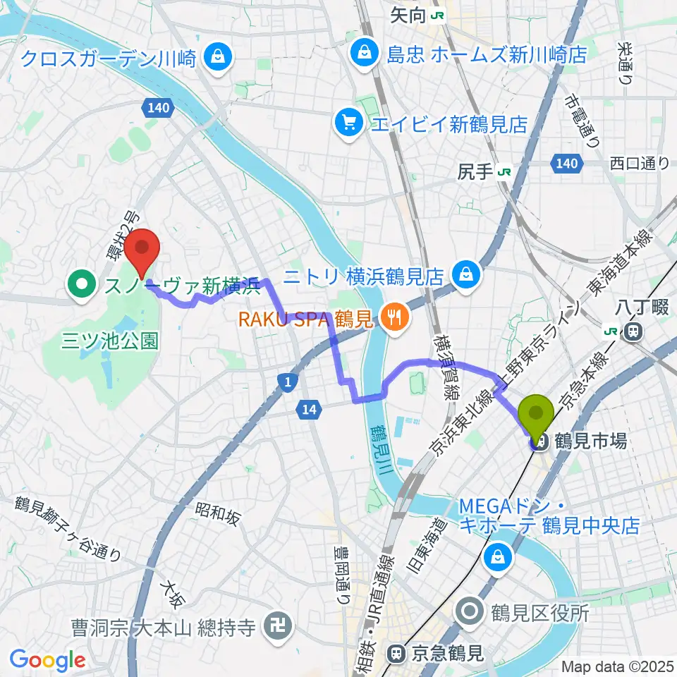鶴見市場駅から三ツ池公園多目的広場へのルートマップ地図