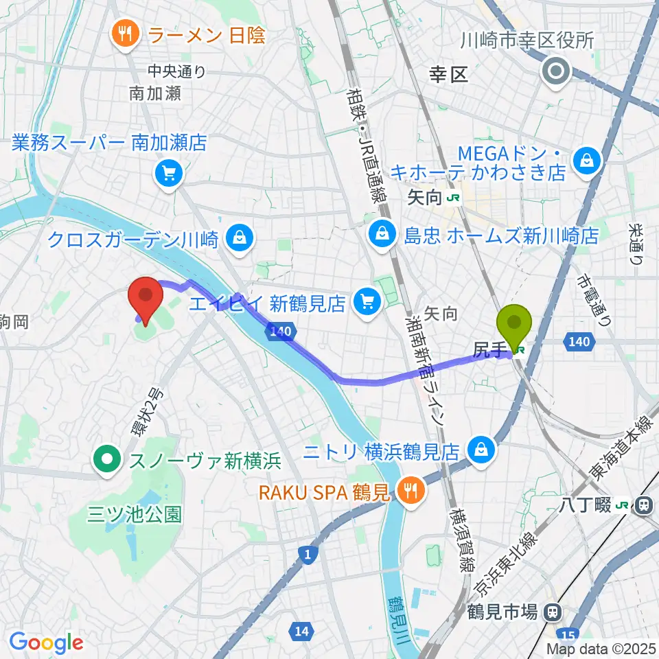 尻手駅から東芝総合グラウンド・野球場へのルートマップ地図