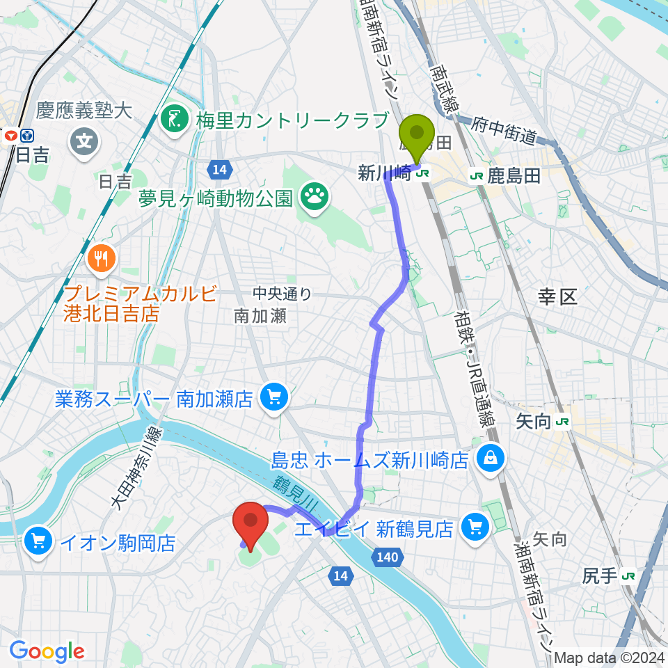 新川崎駅から東芝総合グラウンド・野球場へのルートマップ地図