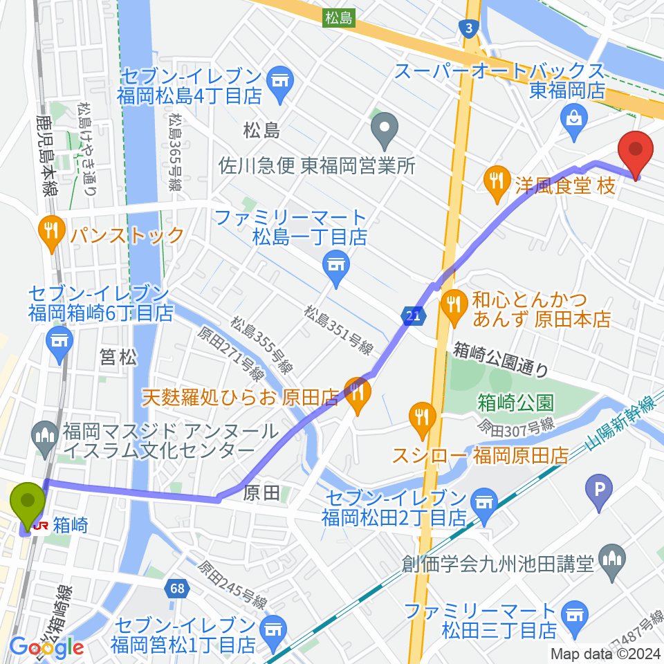 箱崎駅からナイスビームスタジオへのルートマップ地図