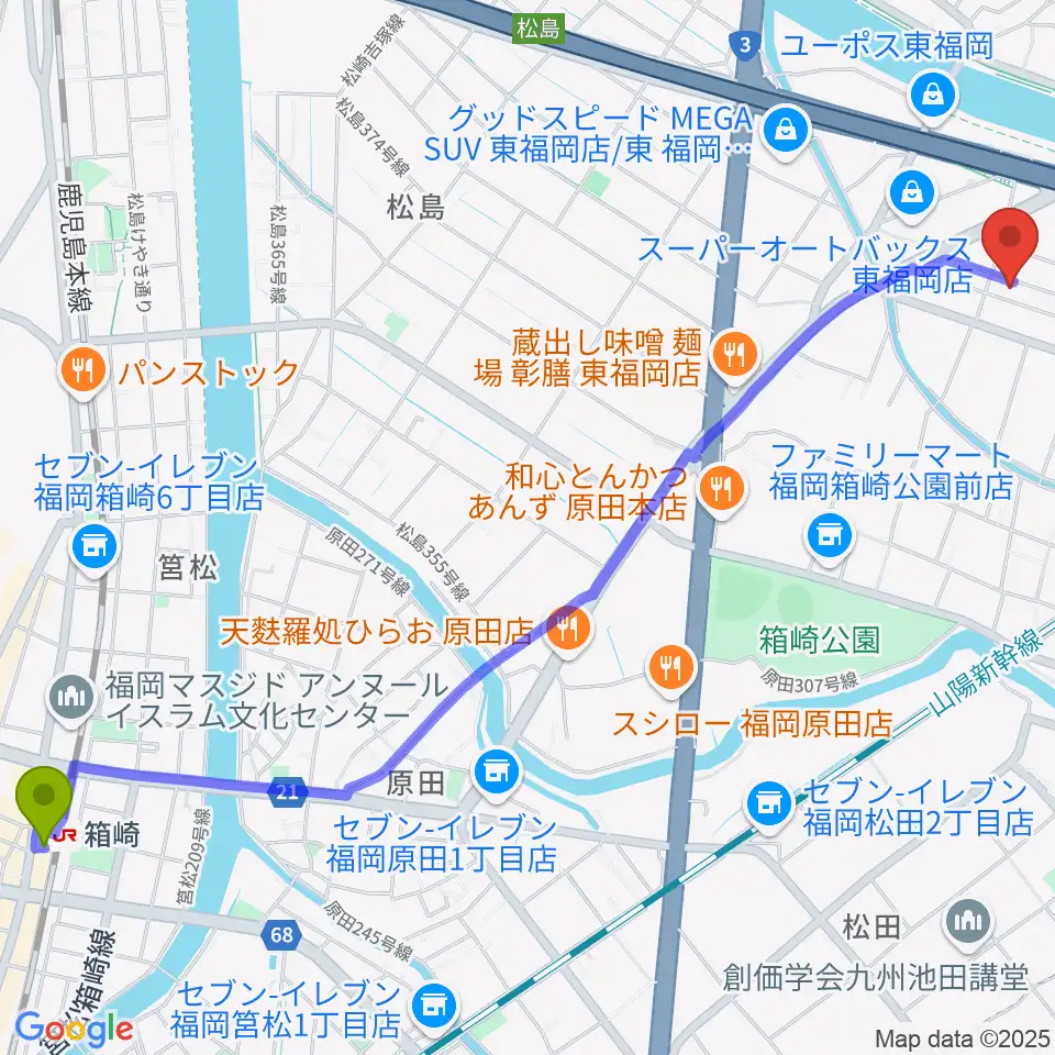 箱崎駅からナイスビームスタジオへのルートマップ地図