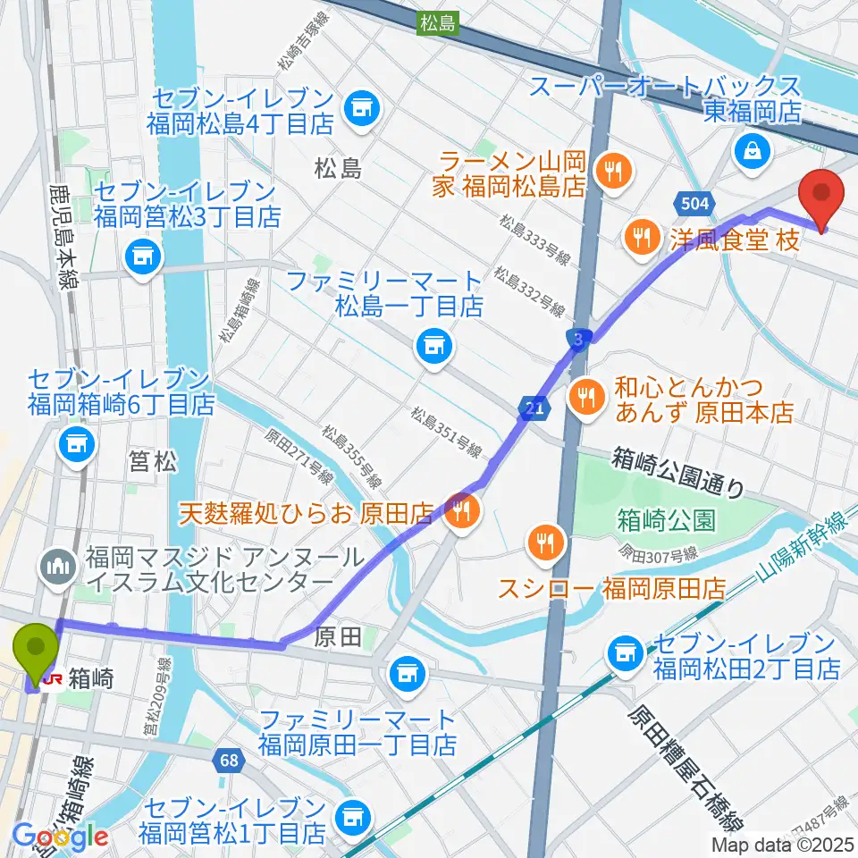 箱崎駅からナイスビームスタジオへのルートマップ地図