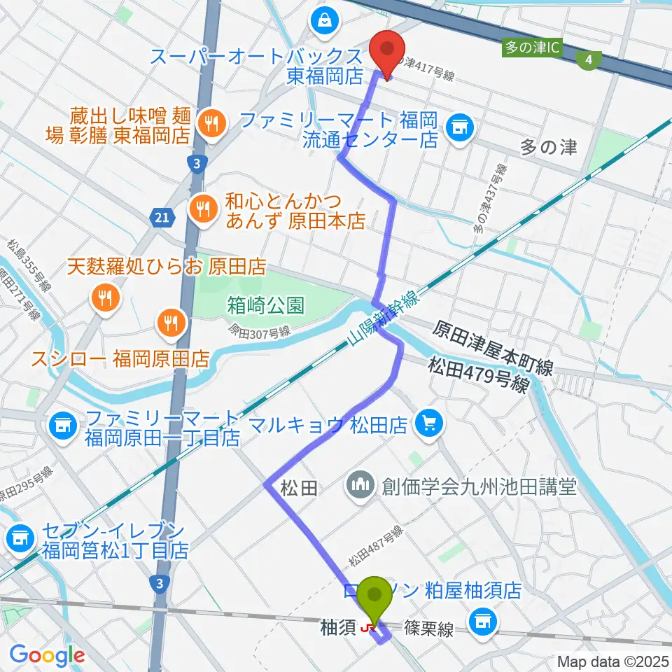 ナイスビームスタジオの最寄駅柚須駅からの徒歩ルート（約26分）地図