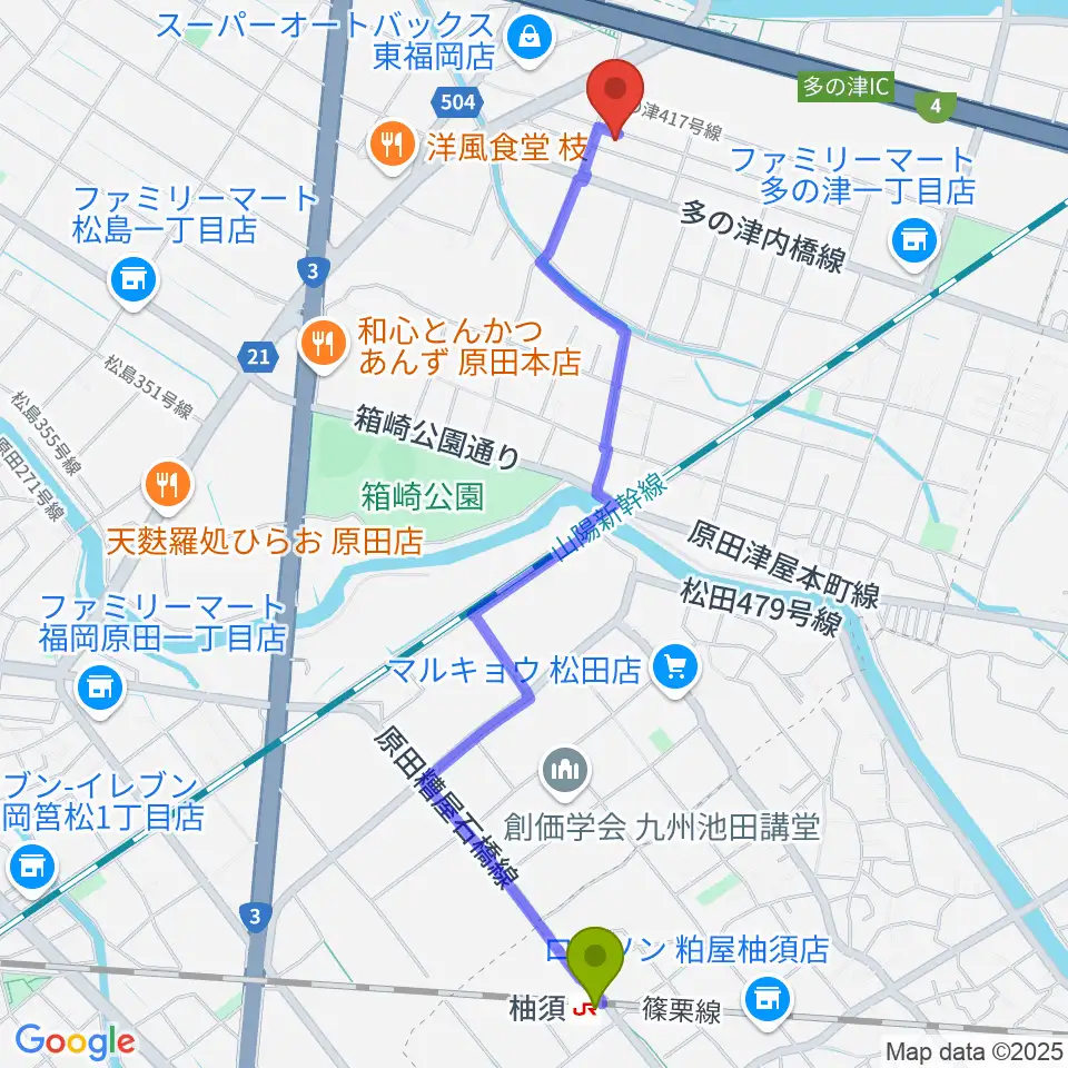 ナイスビームスタジオの最寄駅柚須駅からの徒歩ルート（約26分）地図