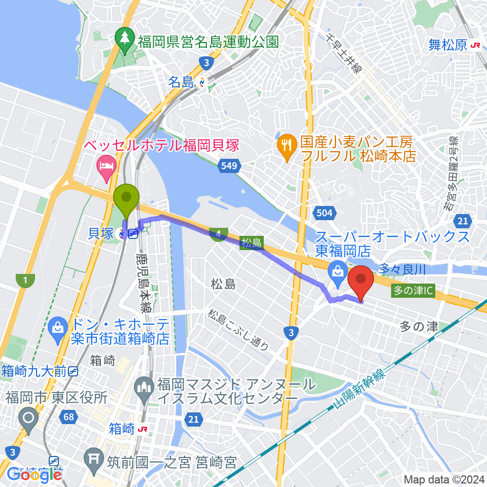 貝塚駅からナイスビームスタジオへのルートマップ地図