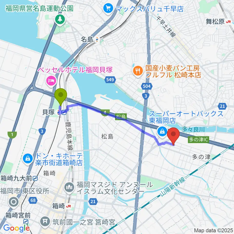 貝塚駅からナイスビームスタジオへのルートマップ地図