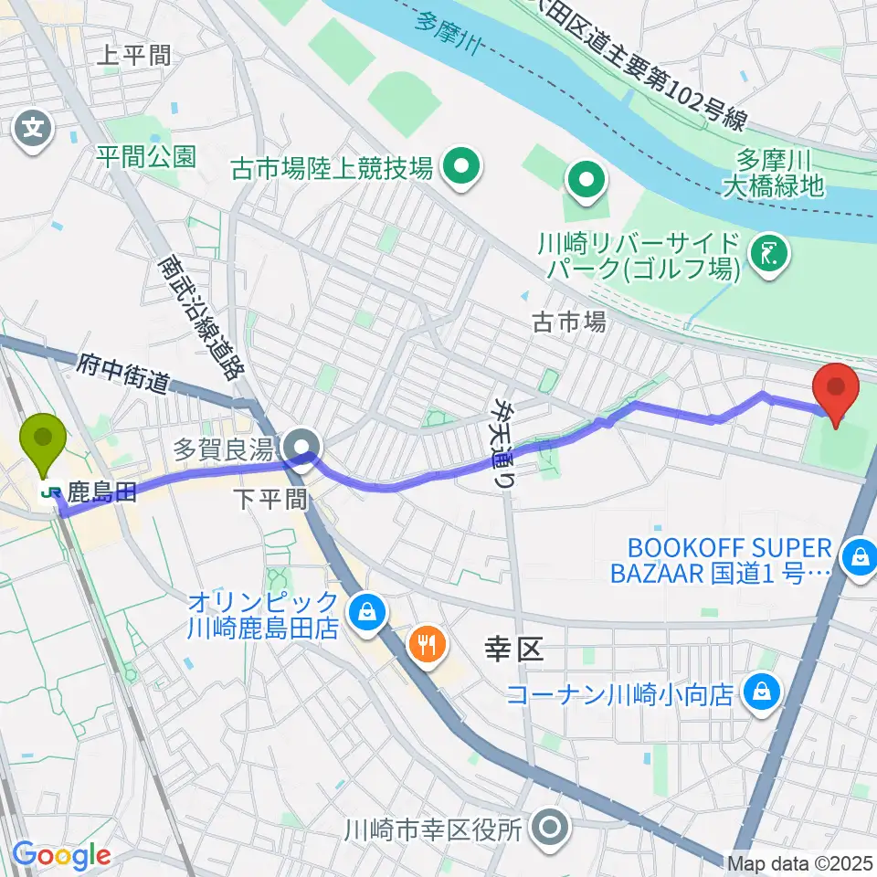 鹿島田駅から御幸公園野球場へのルートマップ地図