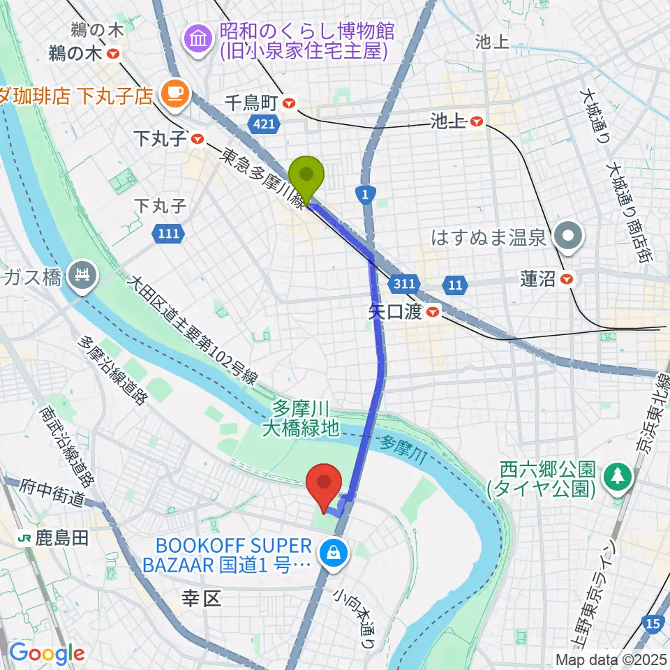 武蔵新田駅から御幸公園野球場へのルートマップ地図