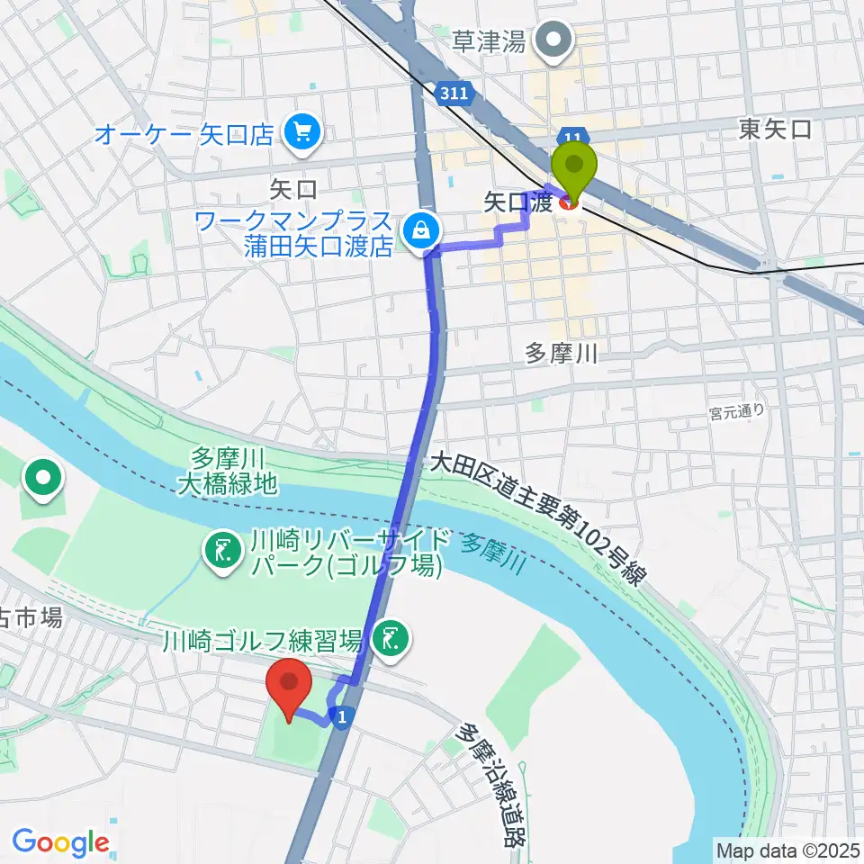 御幸公園野球場の最寄駅矢口渡駅からの徒歩ルート（約21分）地図