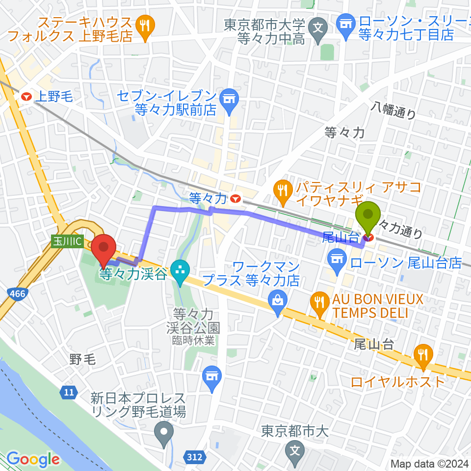 尾山台駅から玉川野毛町公園野球場へのルートマップ地図