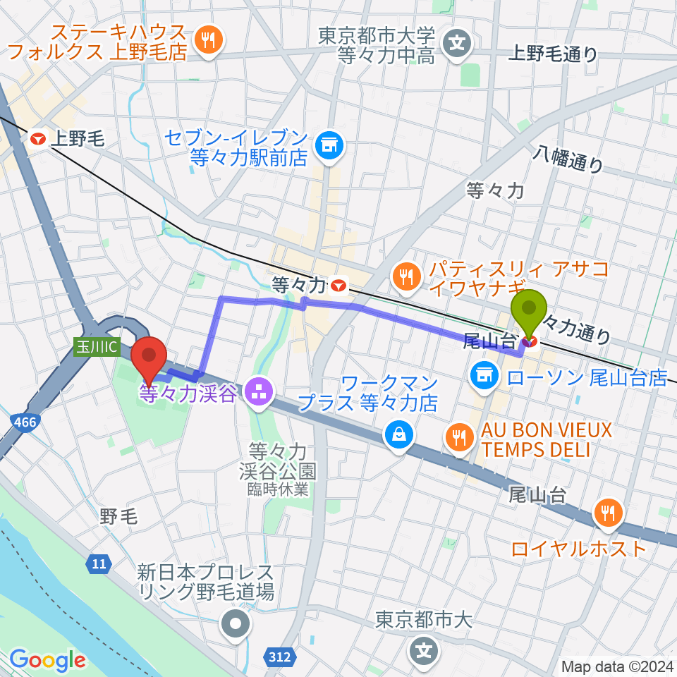 尾山台駅から玉川野毛町公園野球場へのルートマップ地図