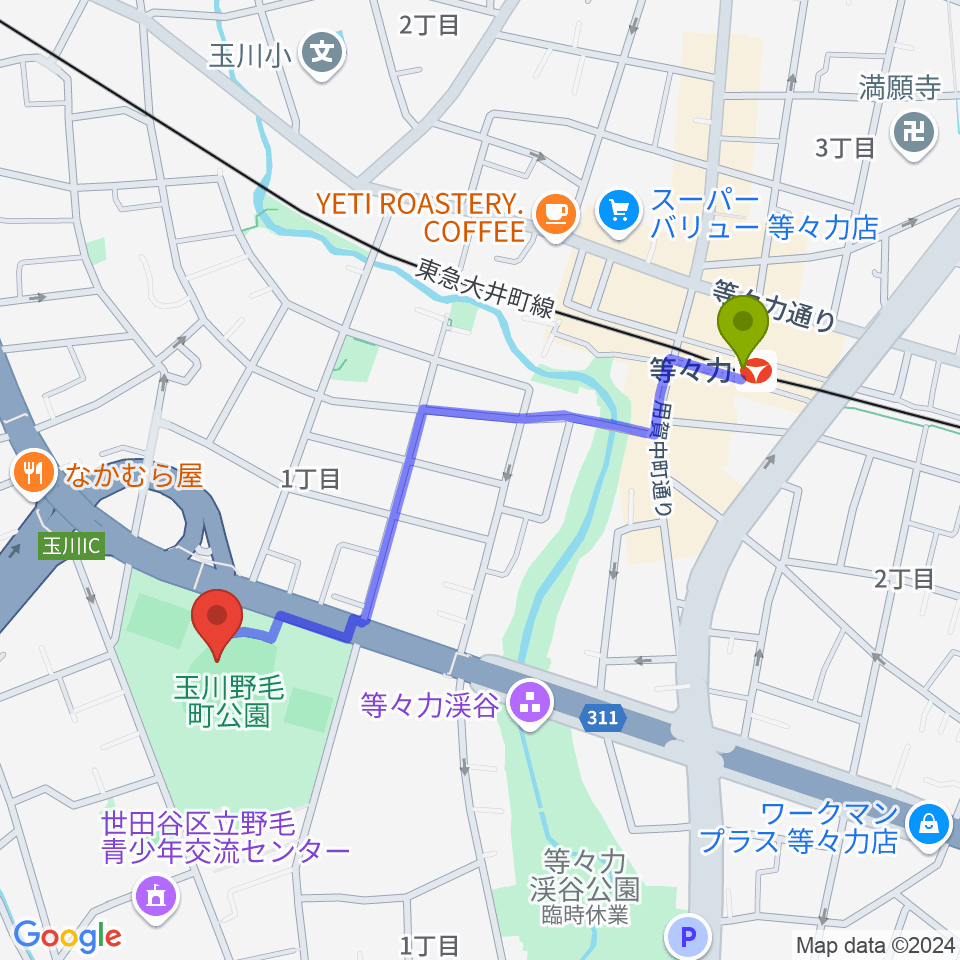 玉川野毛町公園野球場の最寄駅等々力駅からの徒歩ルート（約10分）地図