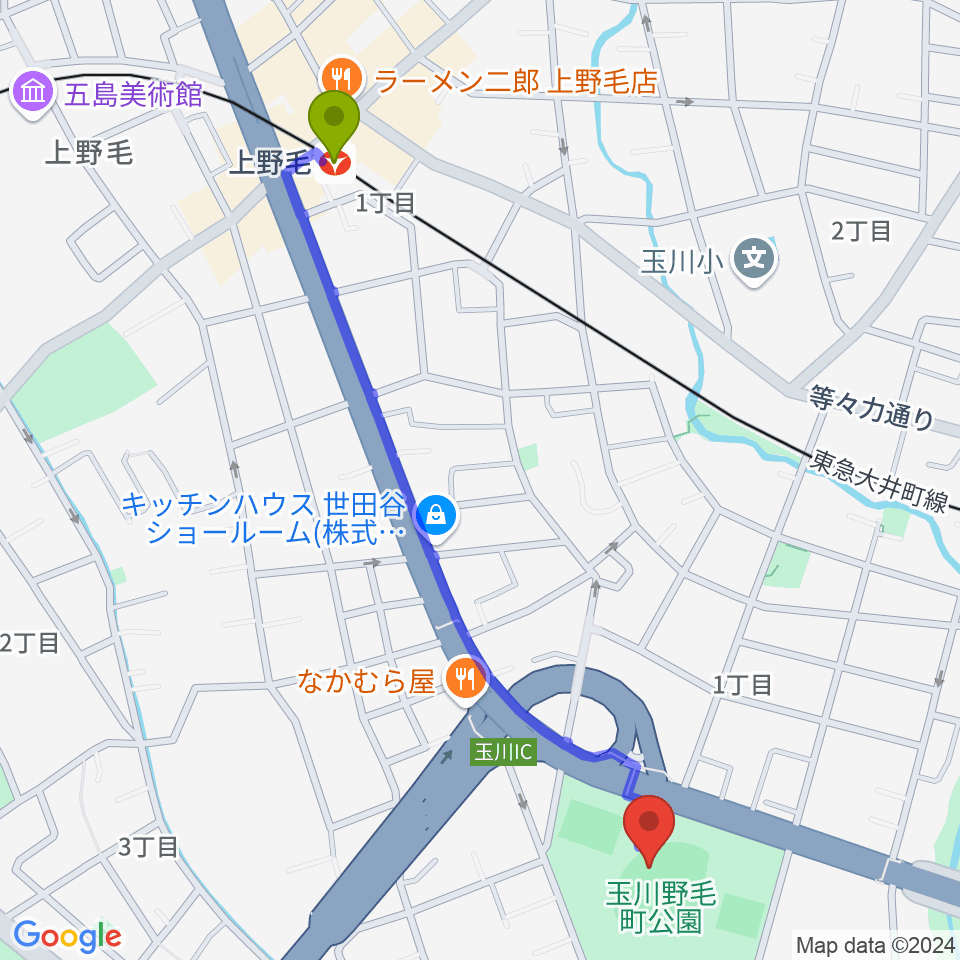 上野毛駅から玉川野毛町公園野球場へのルートマップ地図