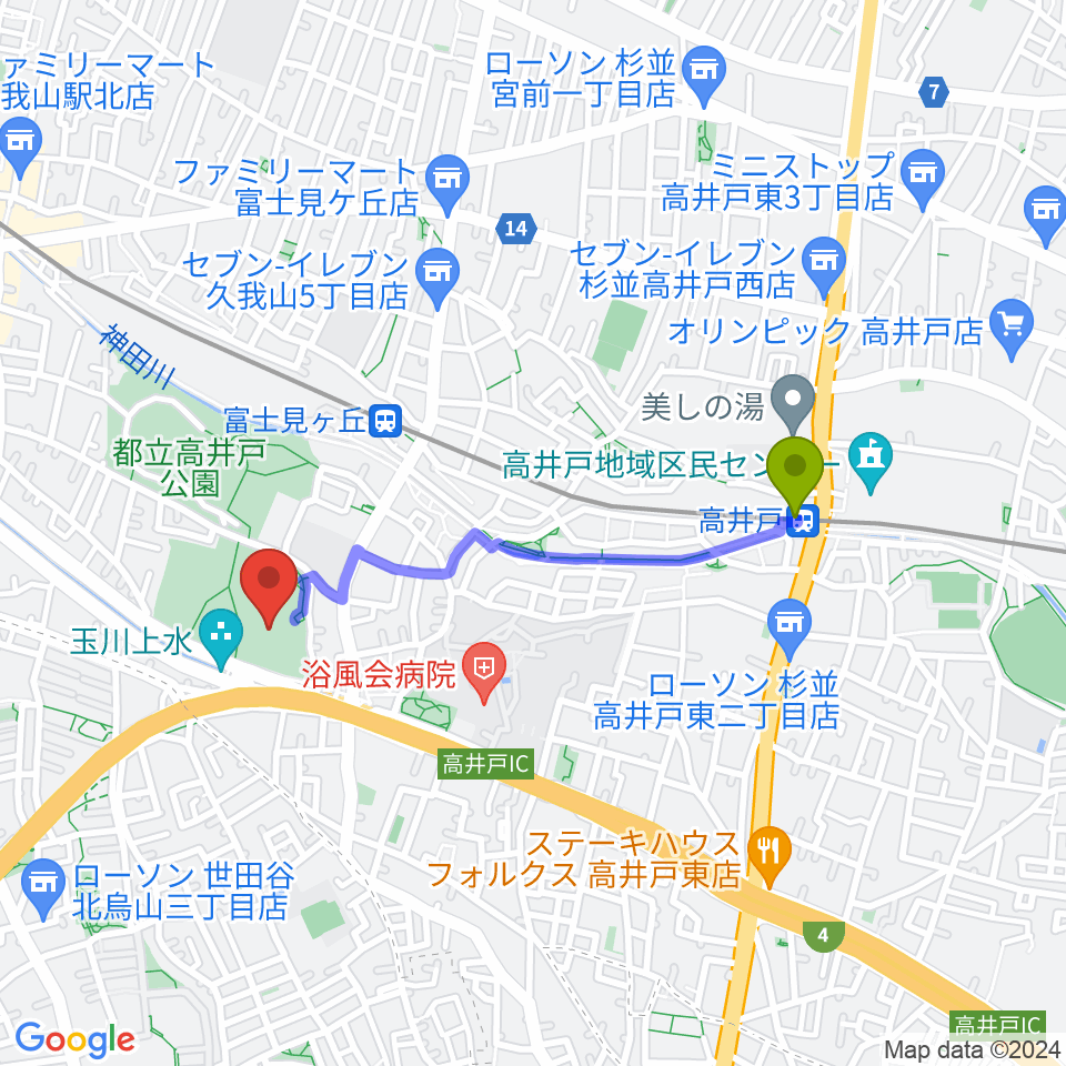 高井戸駅から高井戸公園野球場へのルートマップ地図