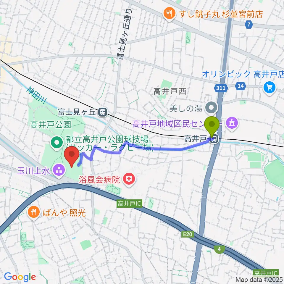 高井戸駅から高井戸公園野球場へのルートマップ地図