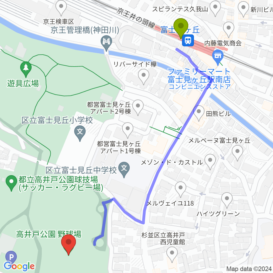 高井戸公園野球場の最寄駅富士見ヶ丘駅からの徒歩ルート（約7分）地図