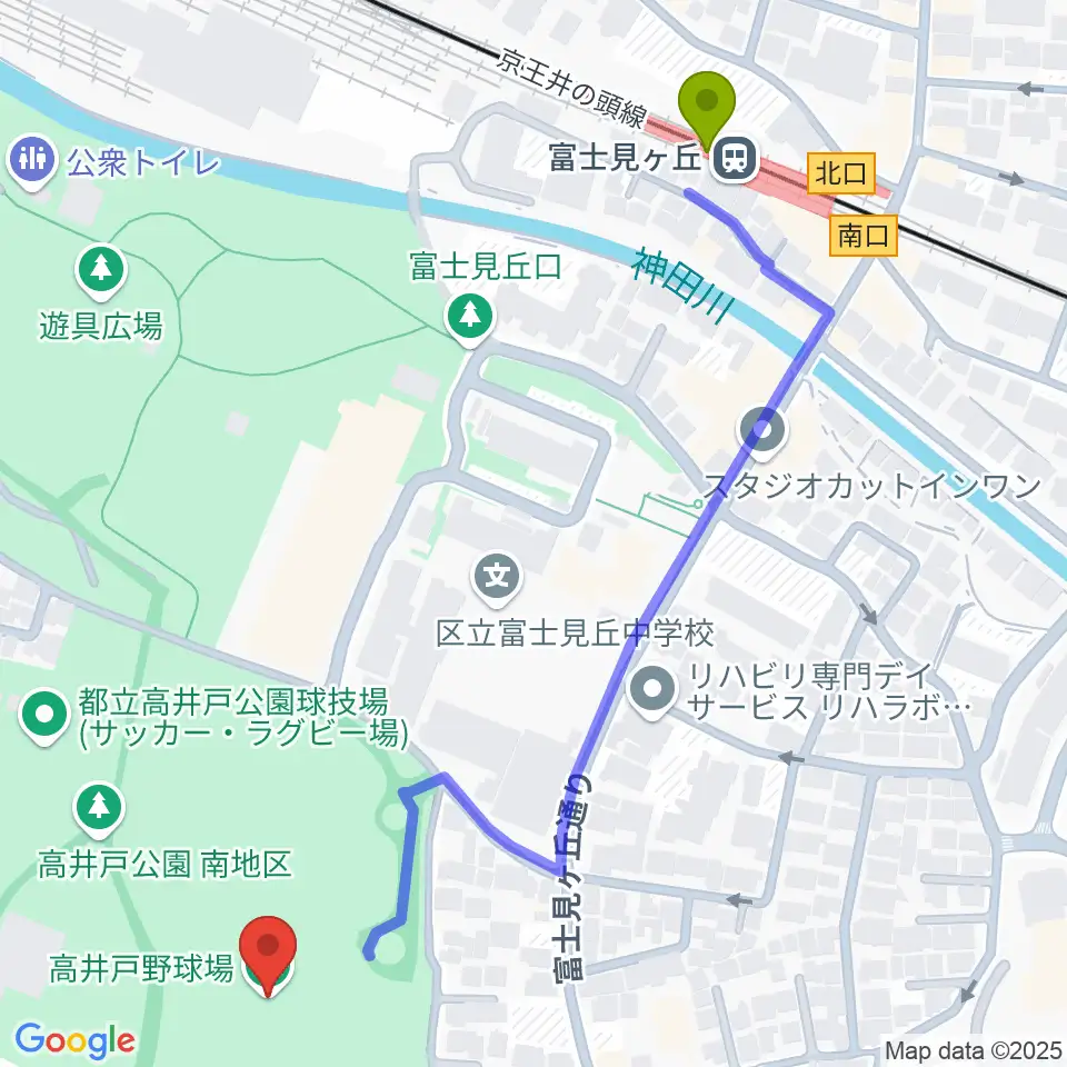 高井戸公園野球場の最寄駅富士見ヶ丘駅からの徒歩ルート（約7分）地図