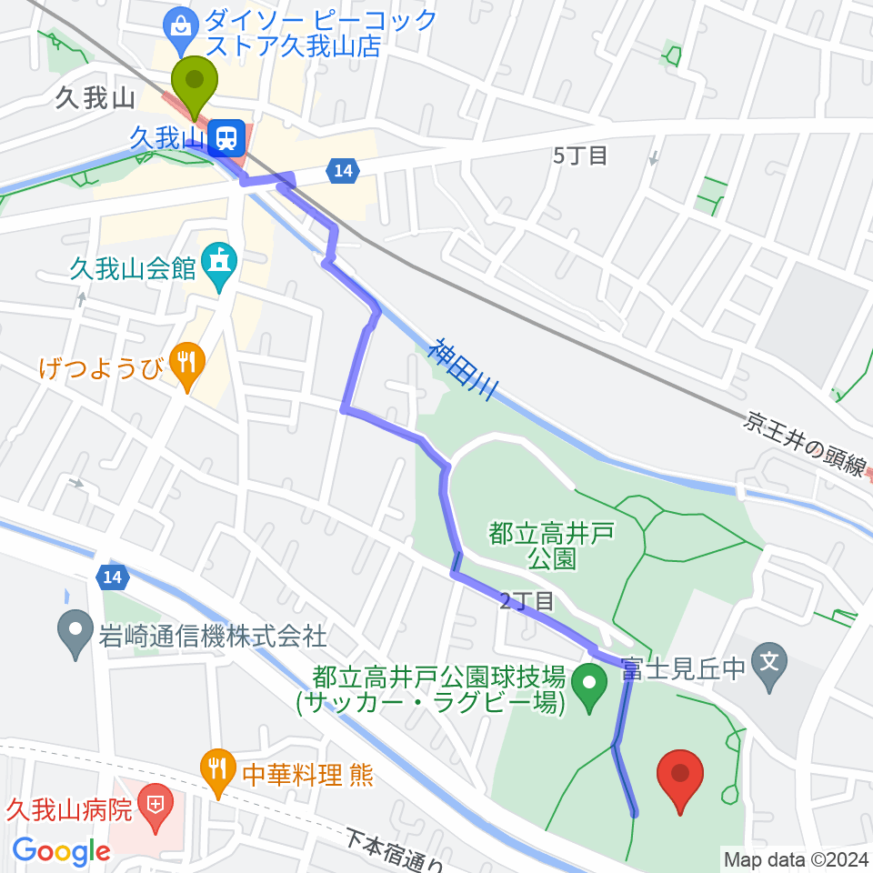 久我山駅から高井戸公園野球場へのルートマップ地図