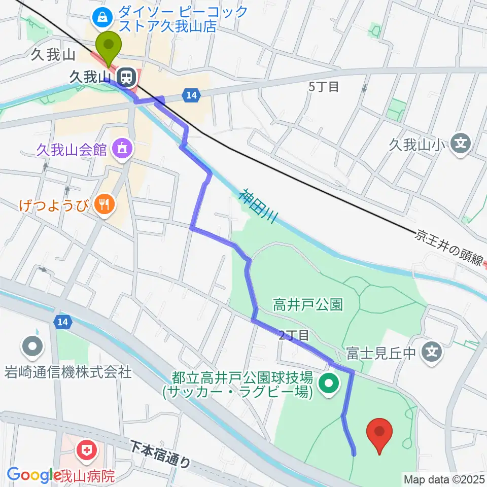 久我山駅から高井戸公園野球場へのルートマップ地図