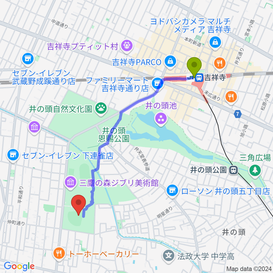 吉祥寺駅から井の頭恩賜公園野球場へのルートマップ地図