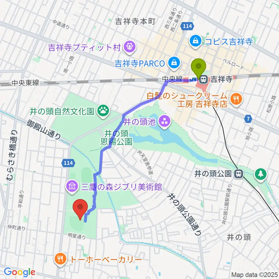 吉祥寺駅から井の頭恩賜公園野球場へのルートマップ地図