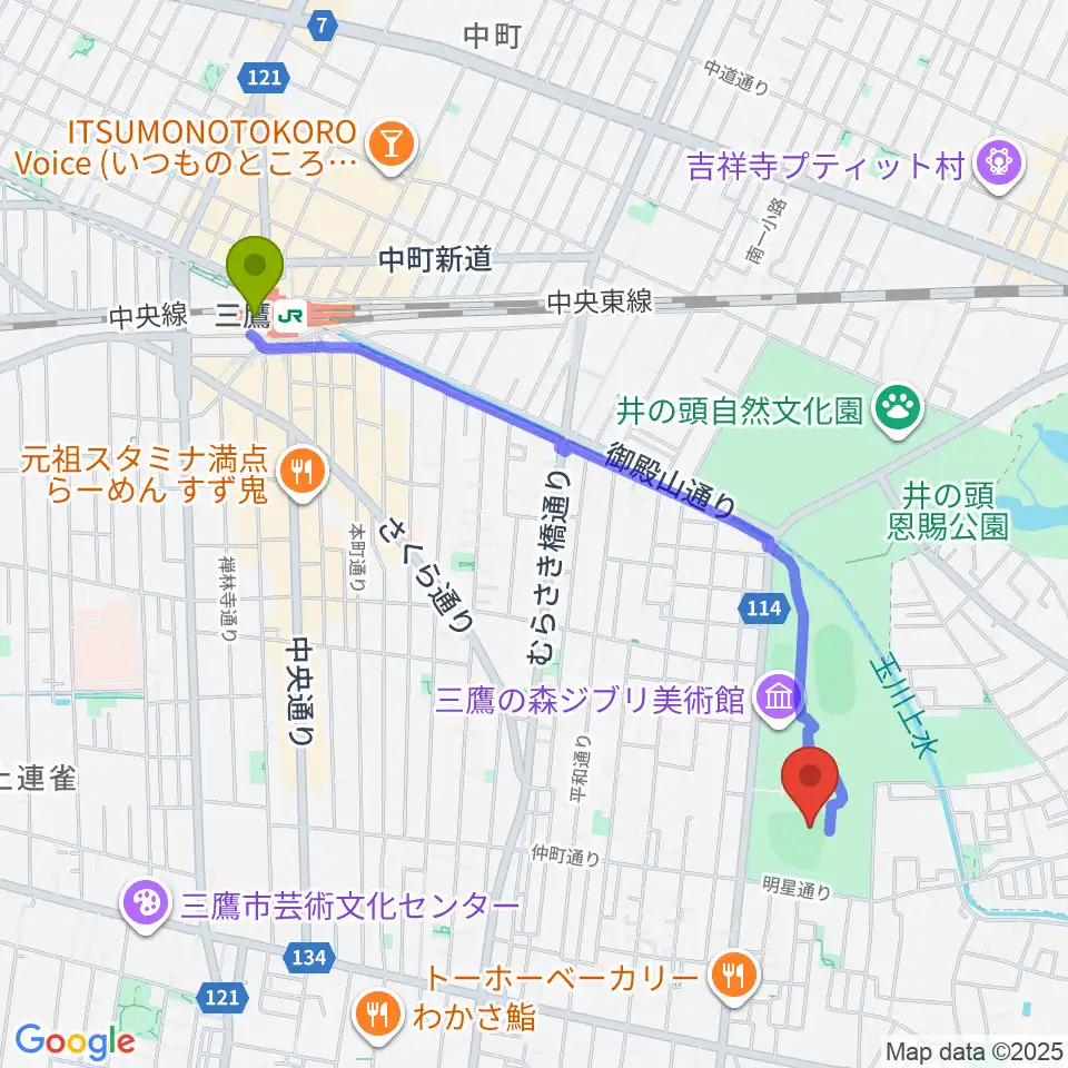 三鷹駅から井の頭恩賜公園野球場へのルートマップ地図