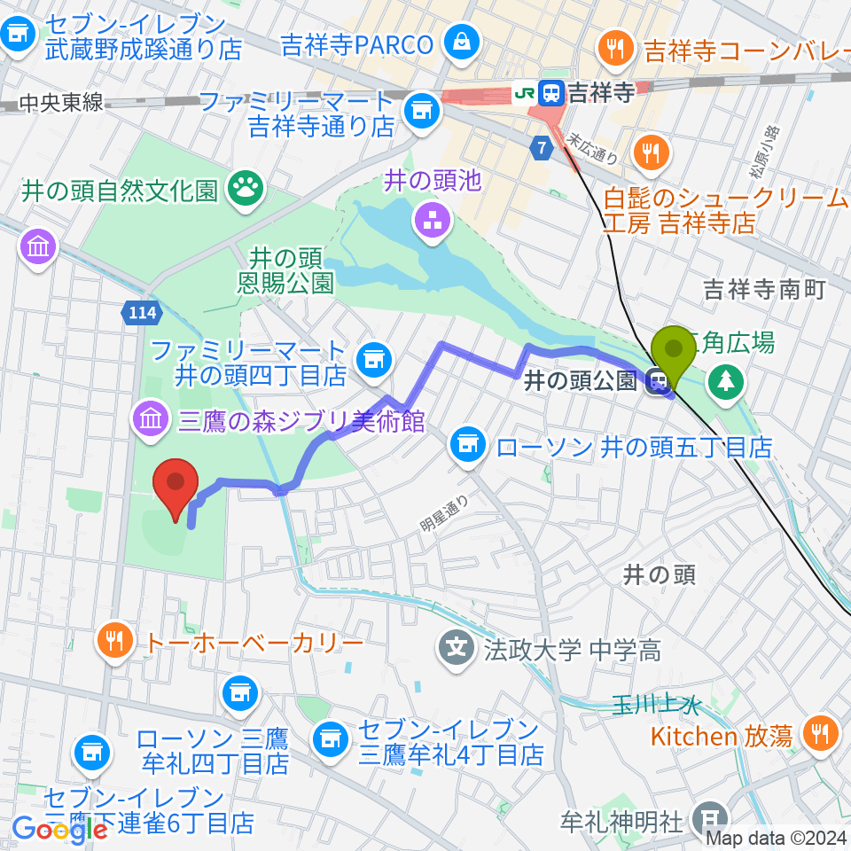 井の頭恩賜公園野球場の最寄駅井の頭公園駅からの徒歩ルート（約19分）地図