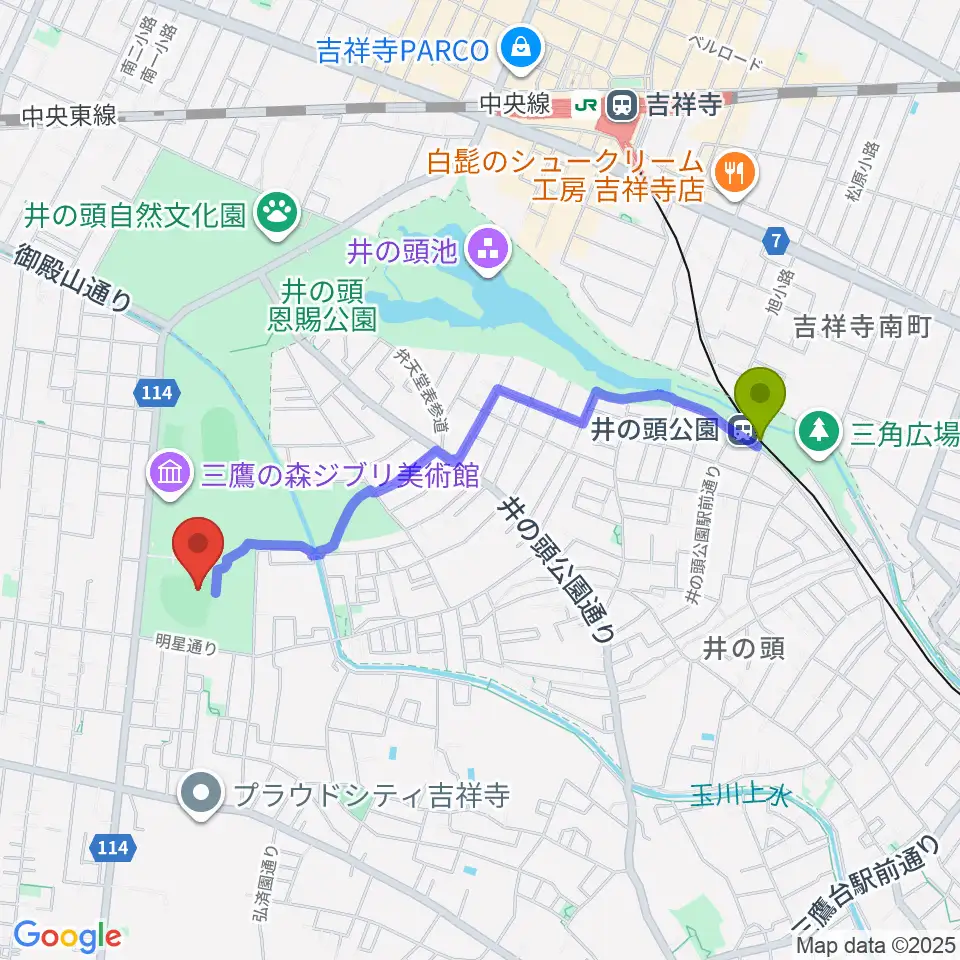 井の頭恩賜公園野球場の最寄駅井の頭公園駅からの徒歩ルート（約19分）地図