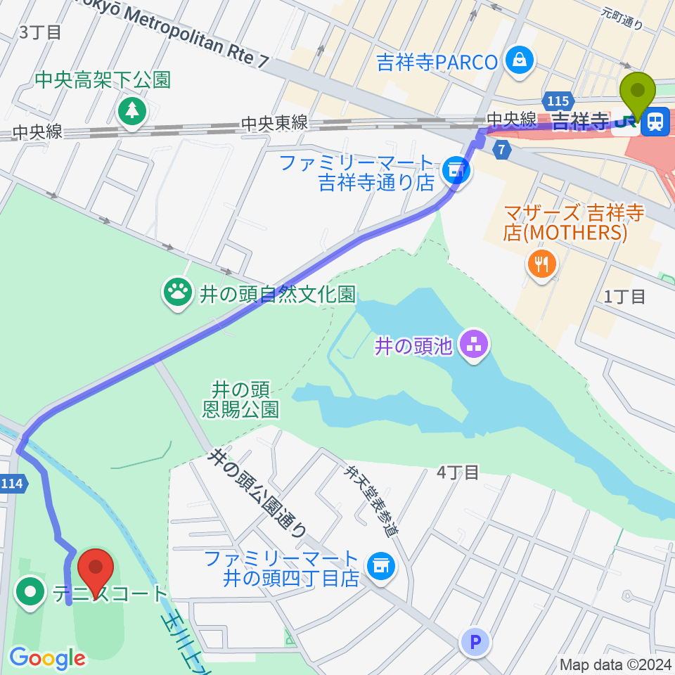 井の頭恩賜公園競技場の最寄駅吉祥寺駅からの徒歩ルート（約17分）地図