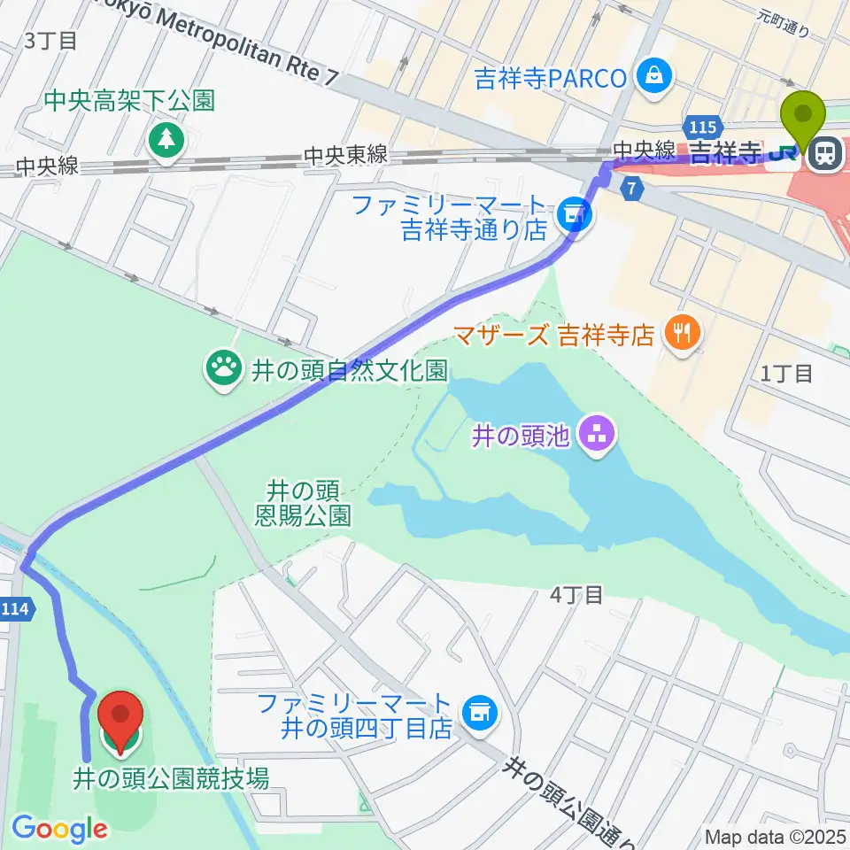 井の頭恩賜公園競技場の最寄駅吉祥寺駅からの徒歩ルート（約17分）地図