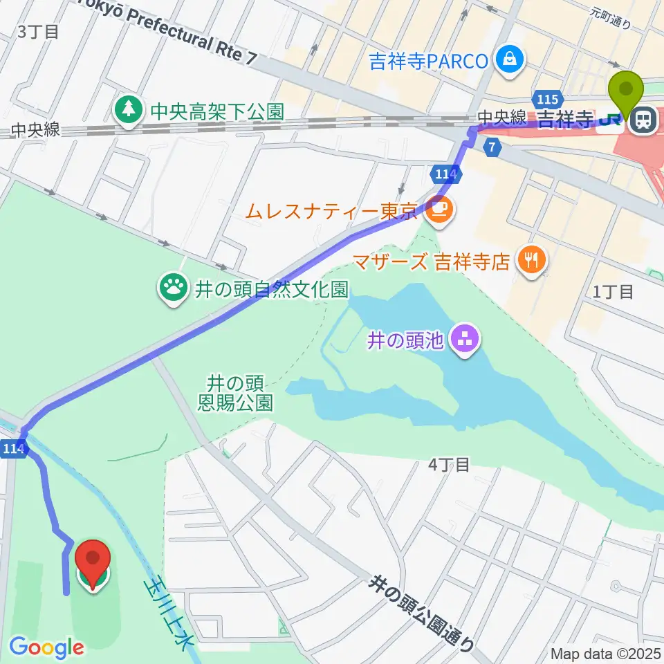 井の頭恩賜公園競技場の最寄駅吉祥寺駅からの徒歩ルート（約17分）地図