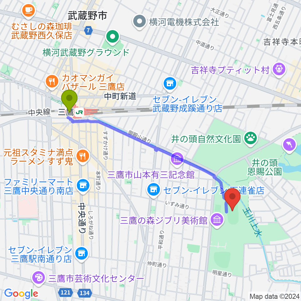 三鷹駅から井の頭恩賜公園競技場へのルートマップ地図