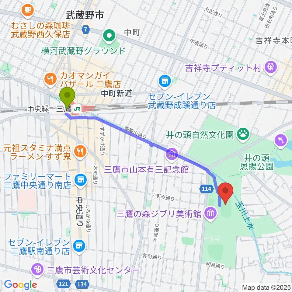 三鷹駅から井の頭恩賜公園競技場へのルートマップ地図