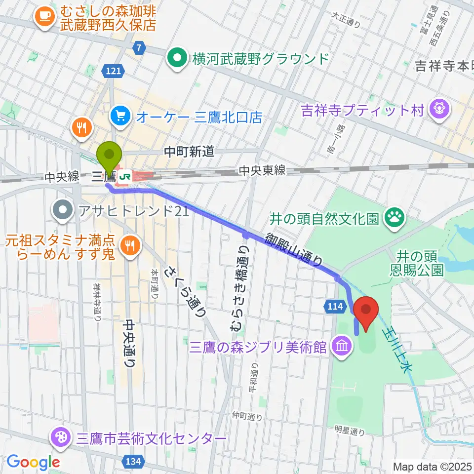 三鷹駅から井の頭恩賜公園競技場へのルートマップ地図