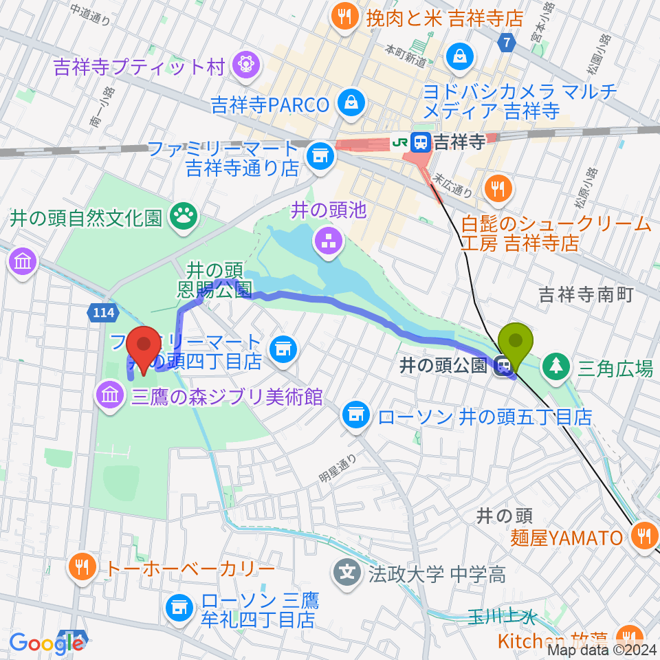 井の頭公園駅から井の頭恩賜公園競技場へのルートマップ地図