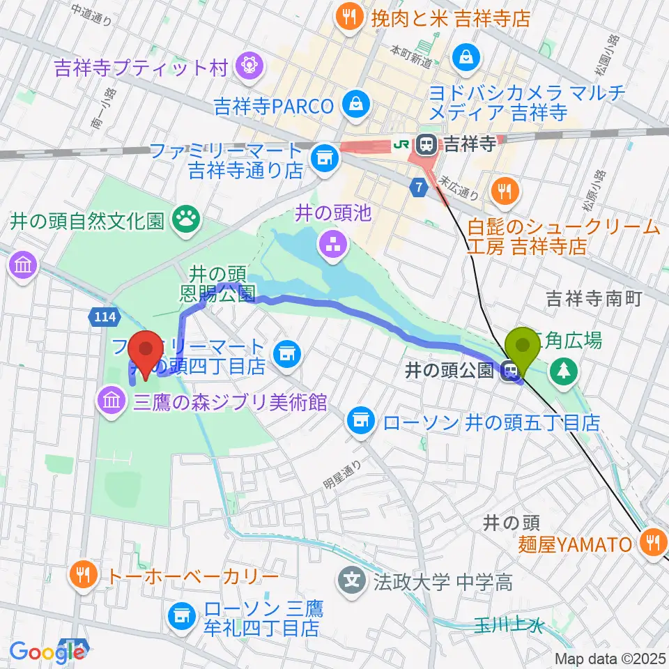 井の頭公園駅から井の頭恩賜公園競技場へのルートマップ地図