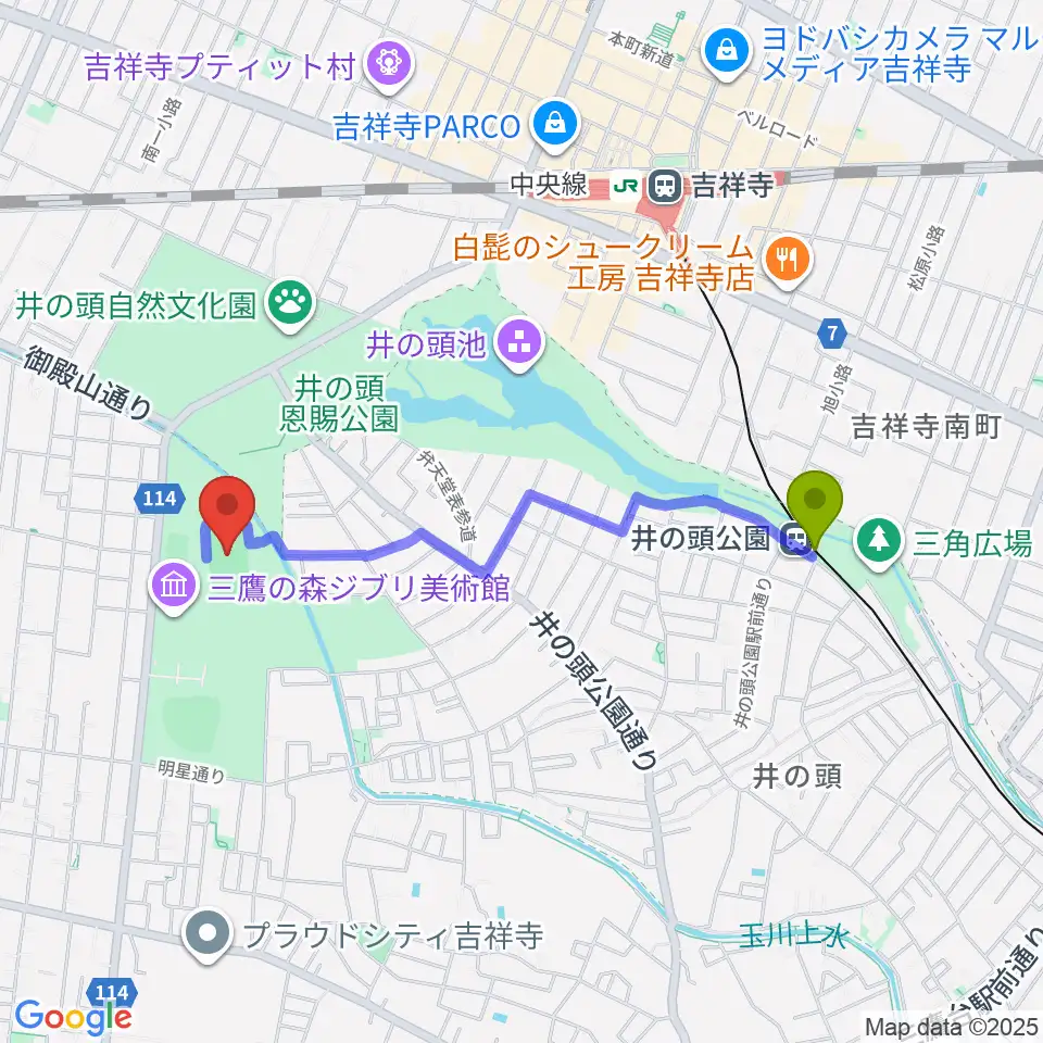 井の頭公園駅から井の頭恩賜公園競技場へのルートマップ地図