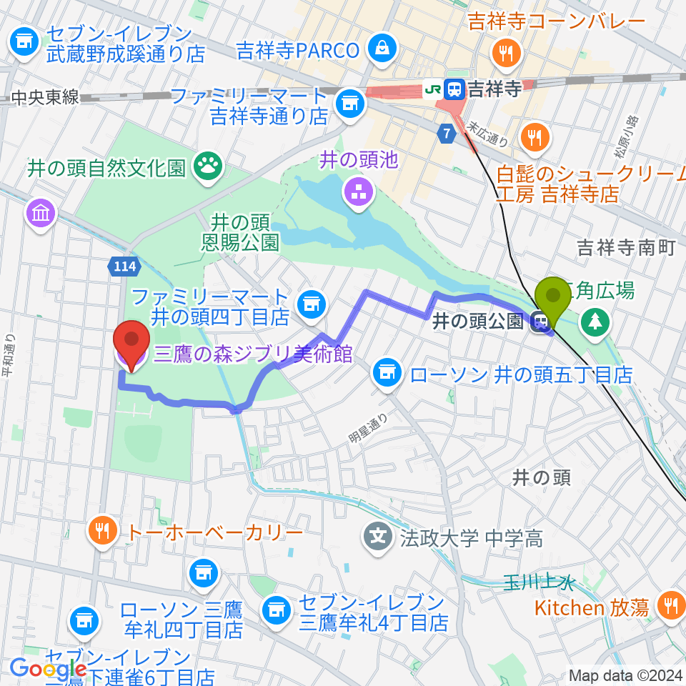 井の頭公園駅から三鷹の森ジブリ美術館へのルートマップ地図