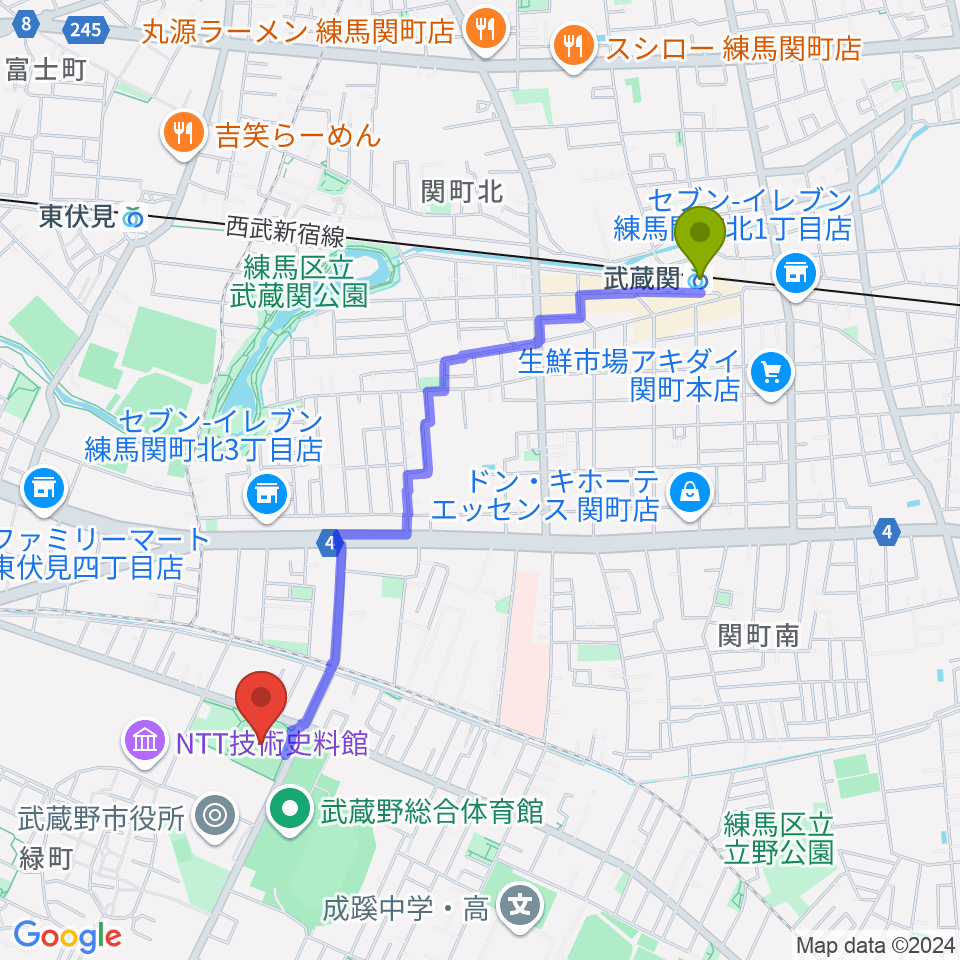 武蔵関駅から武蔵野軟式野球場へのルートマップ地図