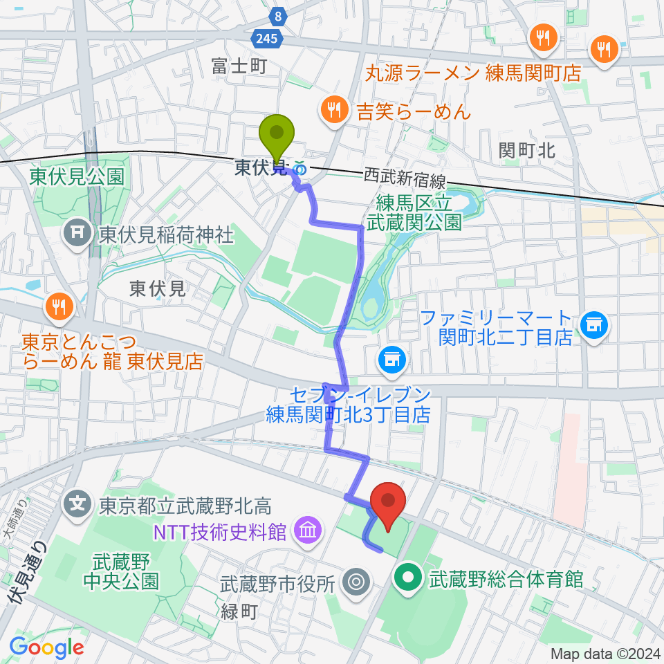 武蔵野軟式野球場の最寄駅東伏見駅からの徒歩ルート（約18分）地図