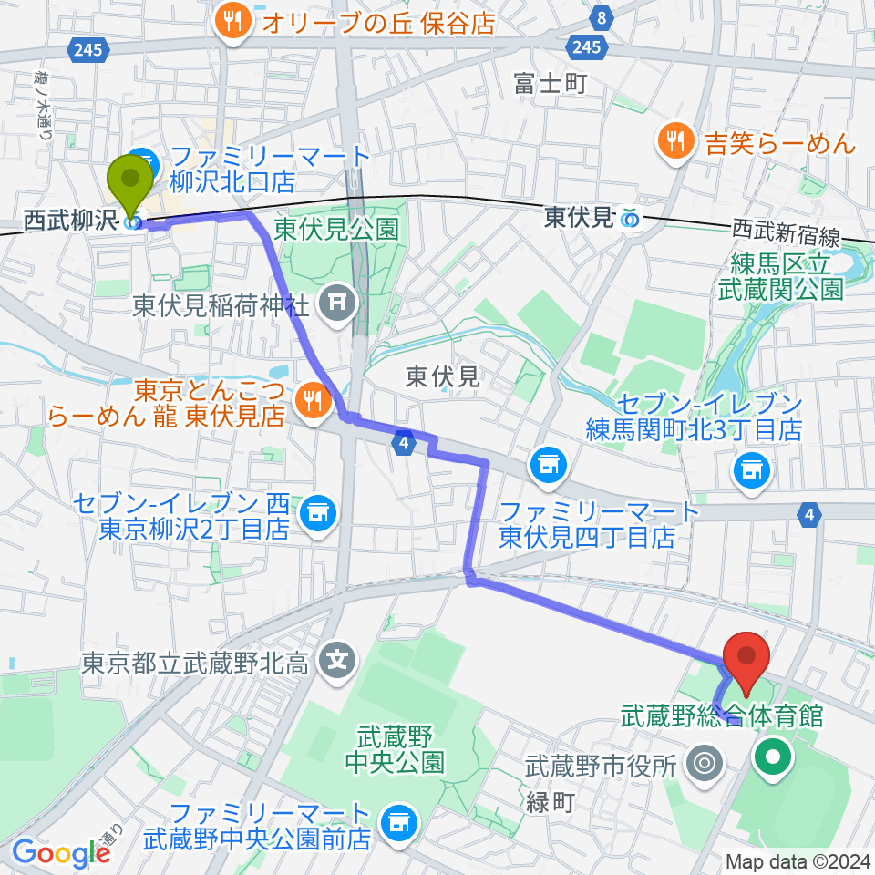 西武柳沢駅から武蔵野軟式野球場へのルートマップ地図