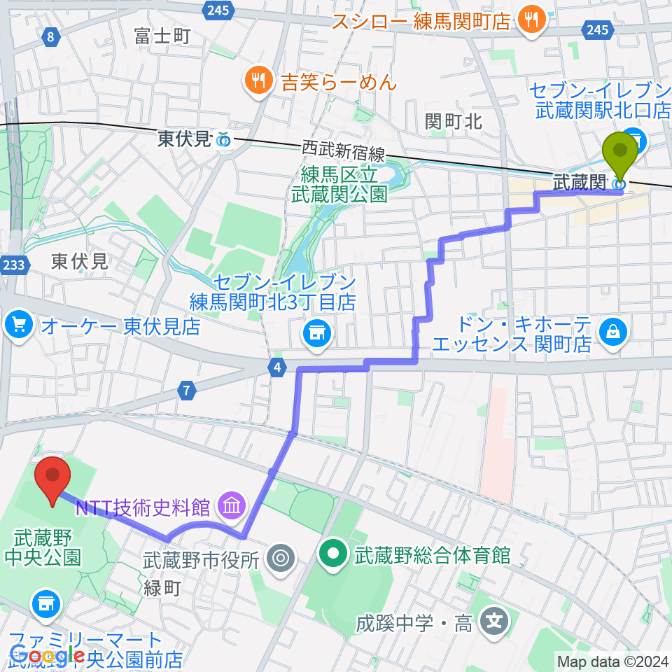 武蔵関駅から武蔵野中央公園スポーツ広場へのルートマップ地図